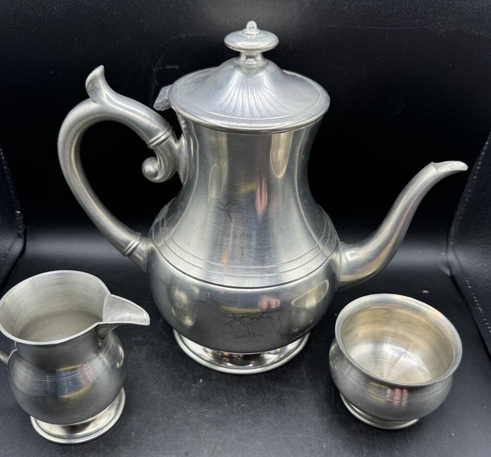 Vintage Woodbury Pewter 3 Piece Teapot Cream and Open Sugar Bowl USA EUC